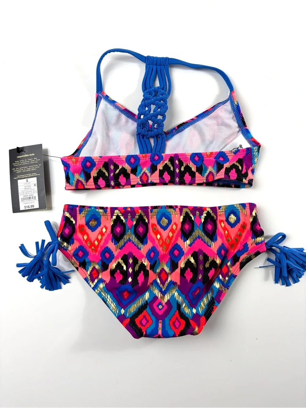 Art Class Pink/Blue Multicolor Ikat 2-pc. Girls Sporty Boho Swimsuit, Sz S/6